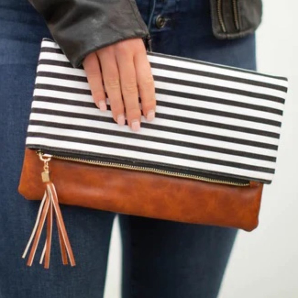 NWT | Foldover Clutch Soft Faux Leather & Black/White Stripe | Tassel | Gold